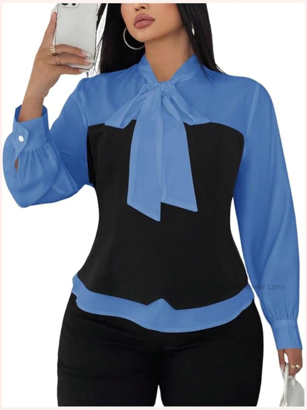Plus Size Patchwork Tie Neck Bishop Long Sleeve Blouse